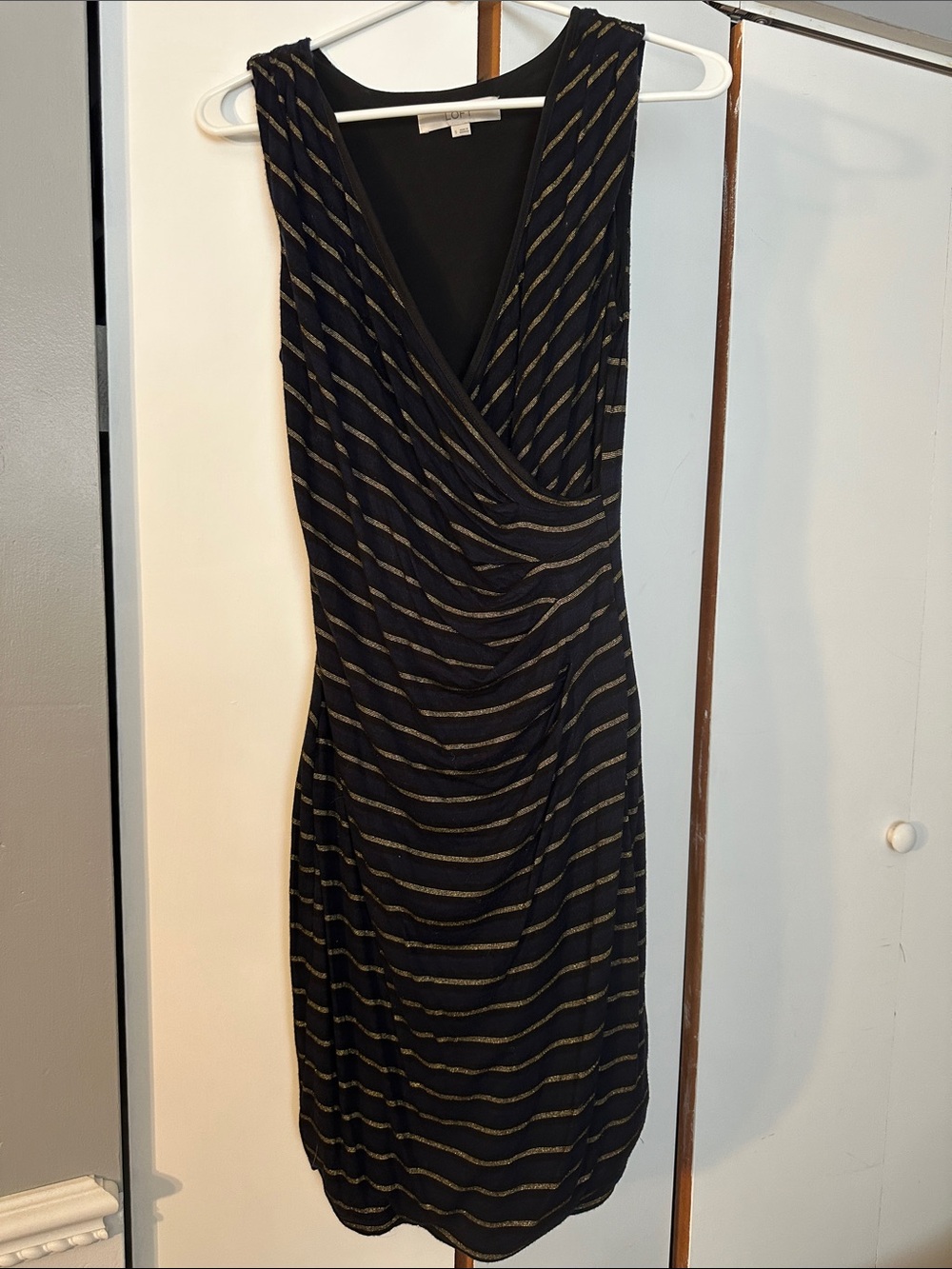 LOFT Black Dress with Gold Metallic Stripes - Sleeveless Faux-Wrap